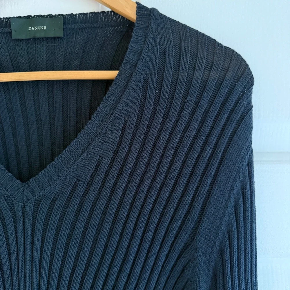 Zanone Mens Navy Blue Ribbed V Neck‎ Long Sleeve Cotton Sweater Size 50 Italy